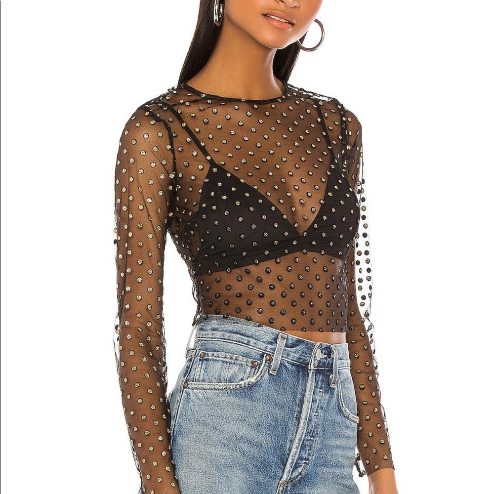 ✨H:ours Mesmerize Top Sheer Mesh Polka dot Black Gold Long Sleeve Blouse Revolve - Picture 1 of 6